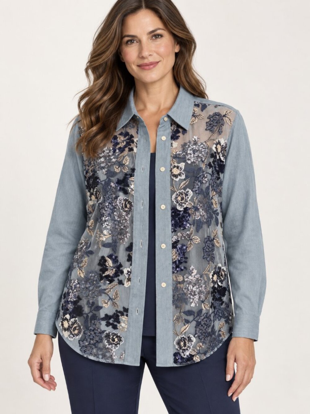 NWT Valentino Light Blue Floral Sequin Embroidered Button-Down Shirt